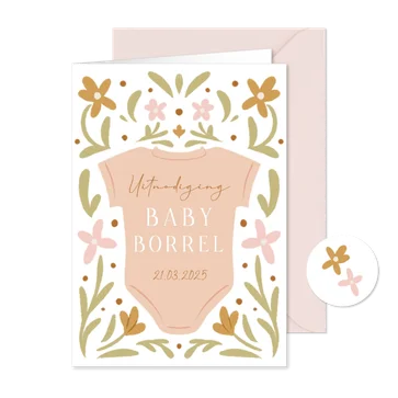 Uitnodiging babyborrel met rompertje en bloemen